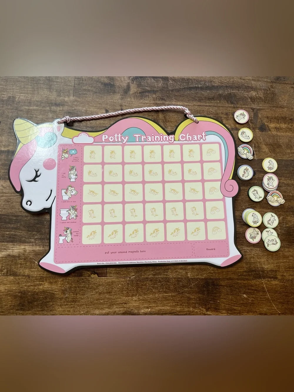 unicorn-themed magnetic potty training reward chart often marketed for toddlers.